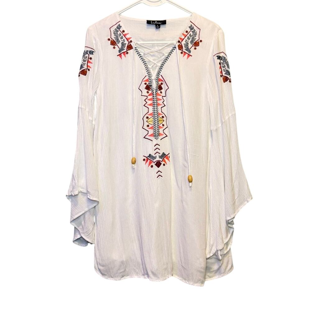 Women's Lulus White Boho Peasant Floral Embroidered Bell Sleeve Tunic Top S